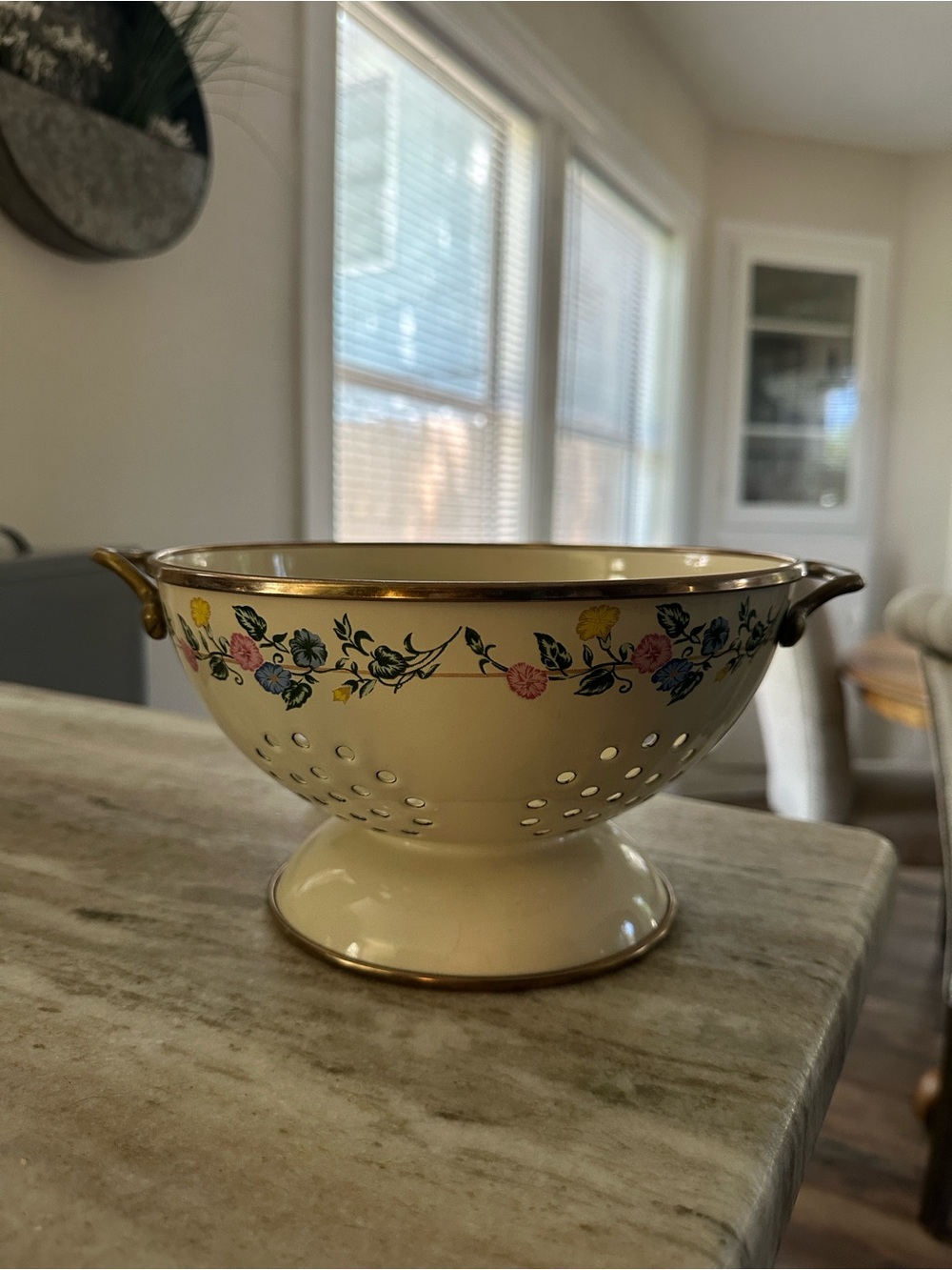 Vintage Floral Cream Enamel Pedestal Colander with Gold Trim